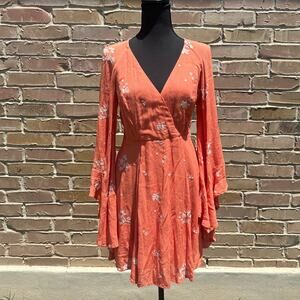Free People jasmine bell sleeve boho orange floral mini dress, size 4